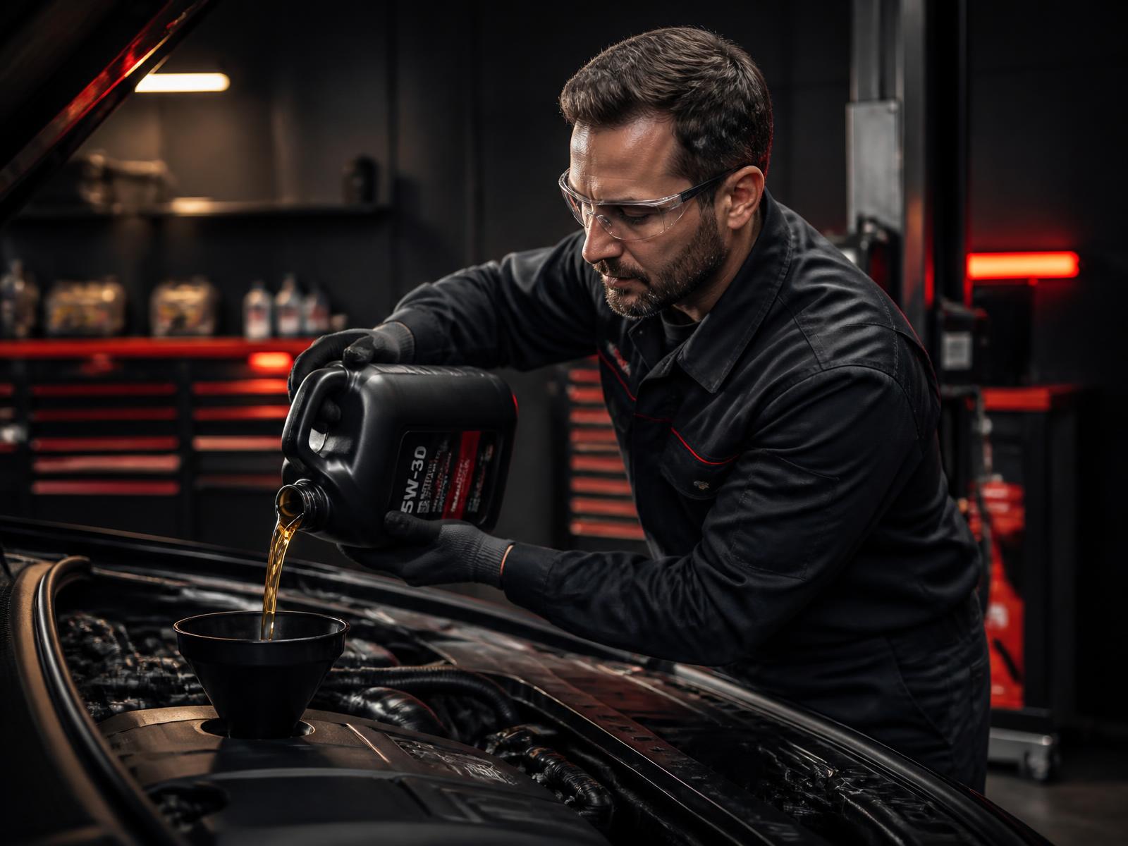 Profissional realizando troca de óleo em um motor de carro